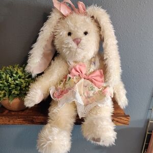 Vintage Fuzzy Bunny Plush Floral Dress Pink Bow Girl Stuffed Animal Easter Toy